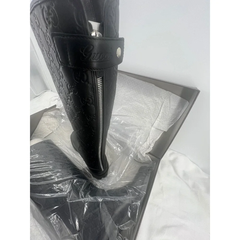 Gucci Black GG Embossed Leather Tall Riding‎ Boots Size 39.5